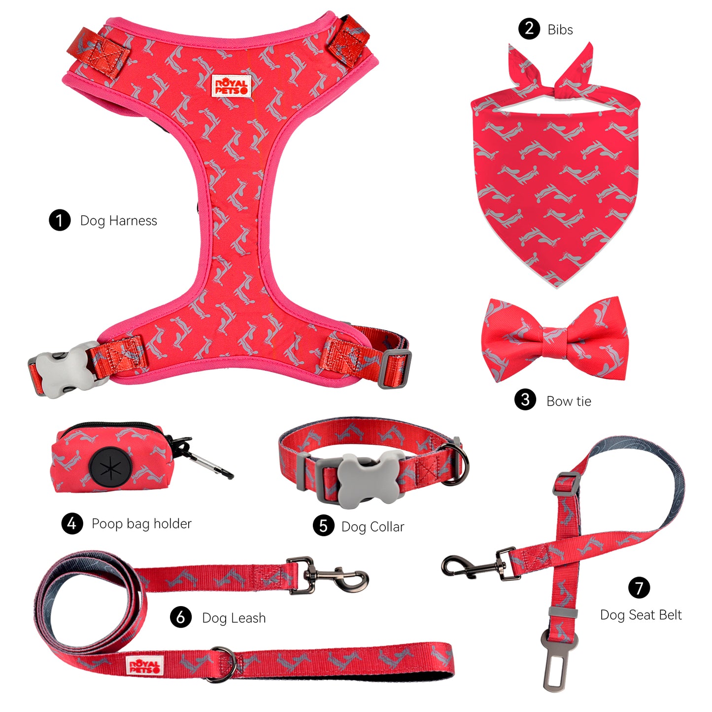 Royal Pets - Juego de 7 piezas de accesorios para mascotas, arnés para mascotas, correas, collares, cinturón de seguridad, pajarita, pañuelo y soporte para bolsas de caca