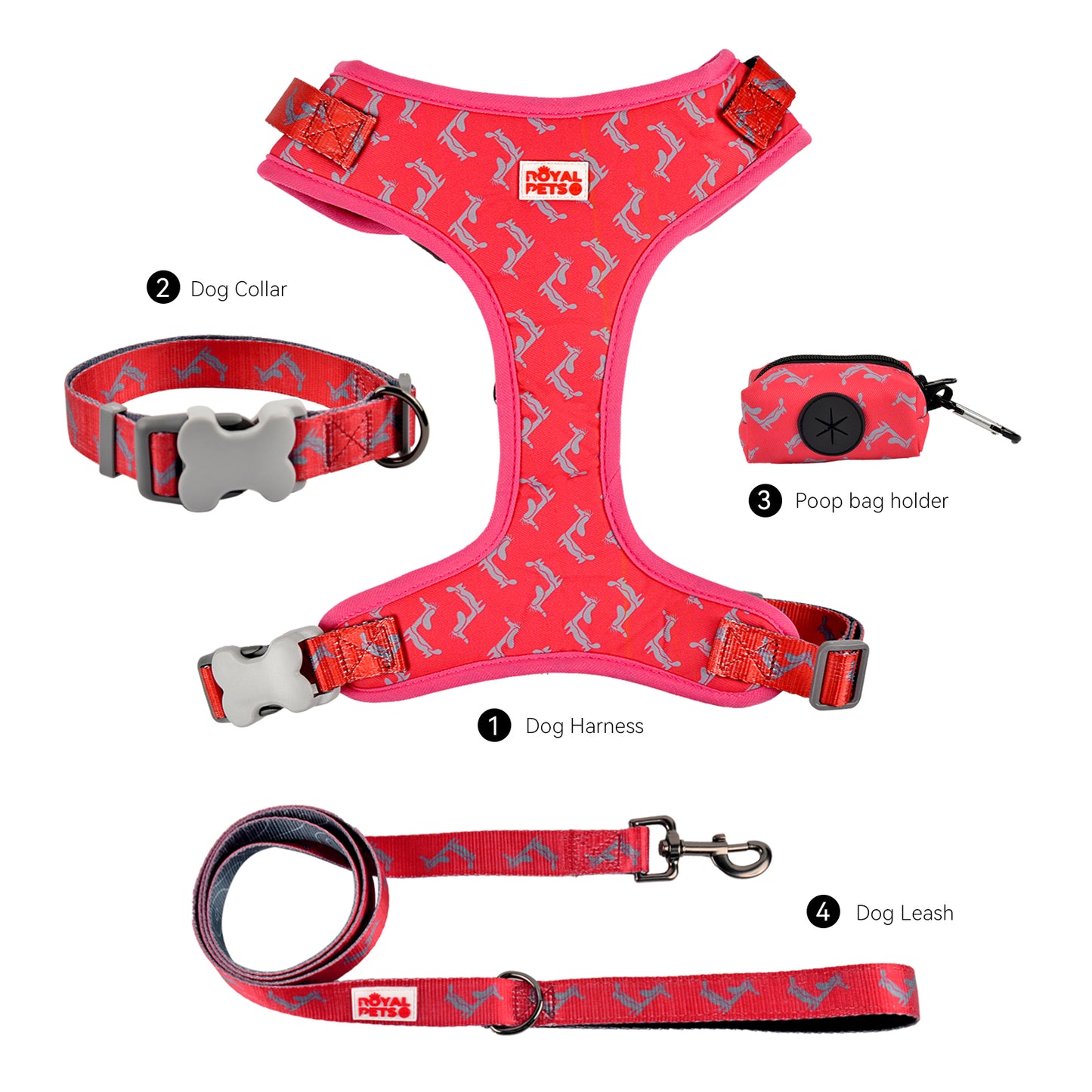 Royal Pets Pet Harness 4 Pcs Set with Leashes, Collars & Poop Bag Holder