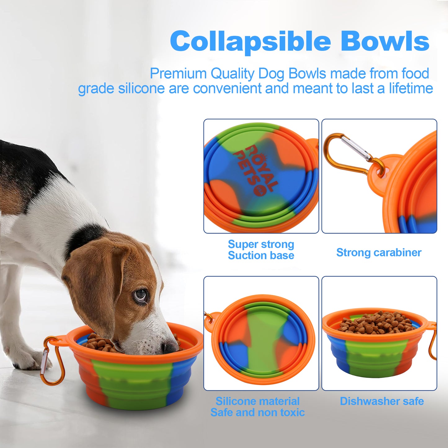 Royal Pets USA Collapsible Dog Travel Bowls, Portable Water Bowl for Dogs or Cats Pet Foldable Feeding Water or Treat for Traveling, Walking & Camping with Carabiner, BPA Free (Blue, 350ml)