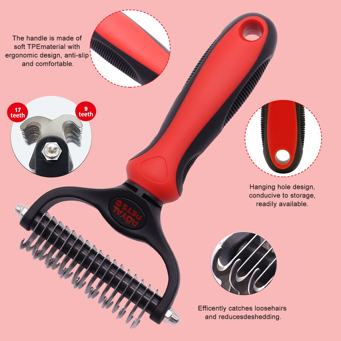 Royal Pets USA Grooming Tool - Professional Double-Sided Undercoat Rake & Extra Wide Grooming Comb, Dual Pack For Dogs & Cats for Shedding Detangling Matted and Knotted Undercoat Hair (Large)