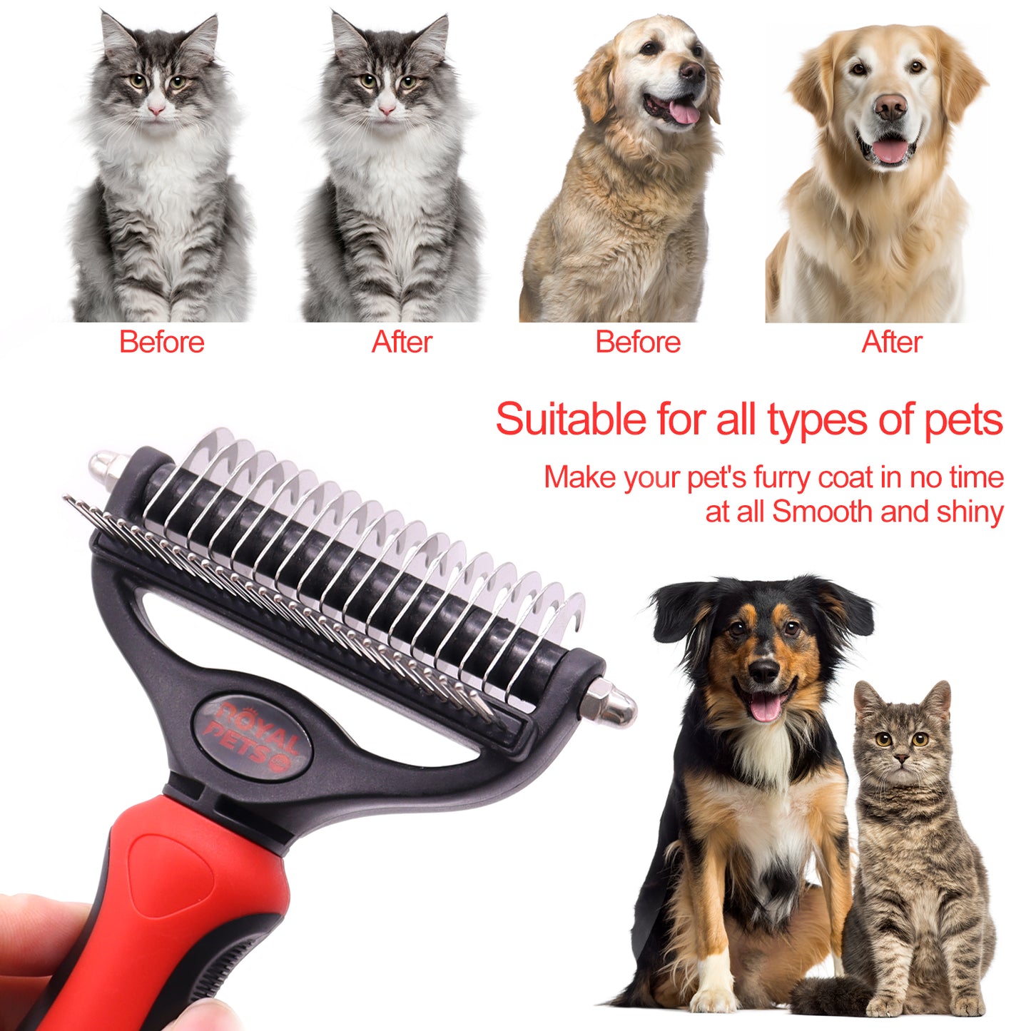 Royal Pets USA Pet Grooming Brush 2-in-1 Dematting & Comb Set Undercoat Rake for Dogs and Cats, New Design, Life-Time Guarantee, Extra Wide Dog & Cats Grooming Brush for Small to Large Breed (Small)