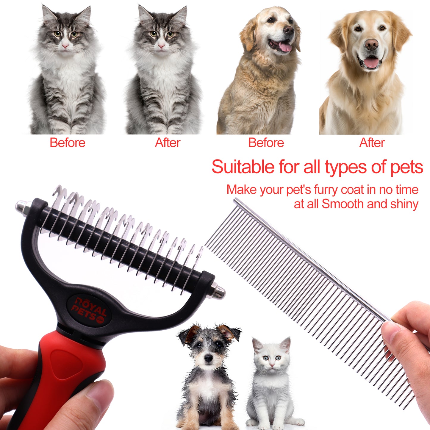 Royal Pets USA Grooming Tool - Professional Double-Sided Undercoat Rake & Extra Wide Grooming Comb, Dual Pack For Dogs & Cats for Shedding Detangling Matted and Knotted Undercoat Hair (Large)