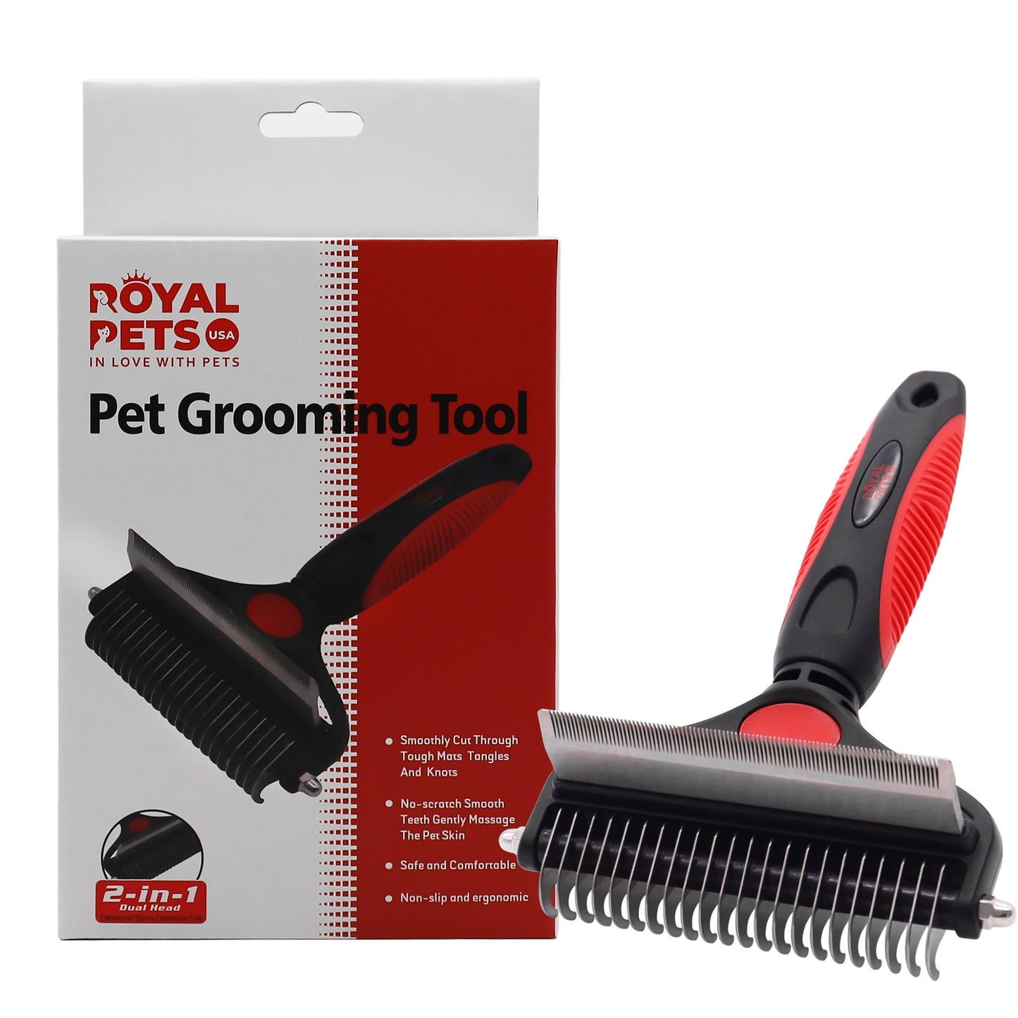 Royal Pets USA Dog Grooming Brush for Shedding 2-in1 Deshedding Tool & Undercoat Rake for Long and Short Hair Dogs with Double Coat - Dematting Comb and Pet Hair Deshedder, Life-Time Guarantee (Large)