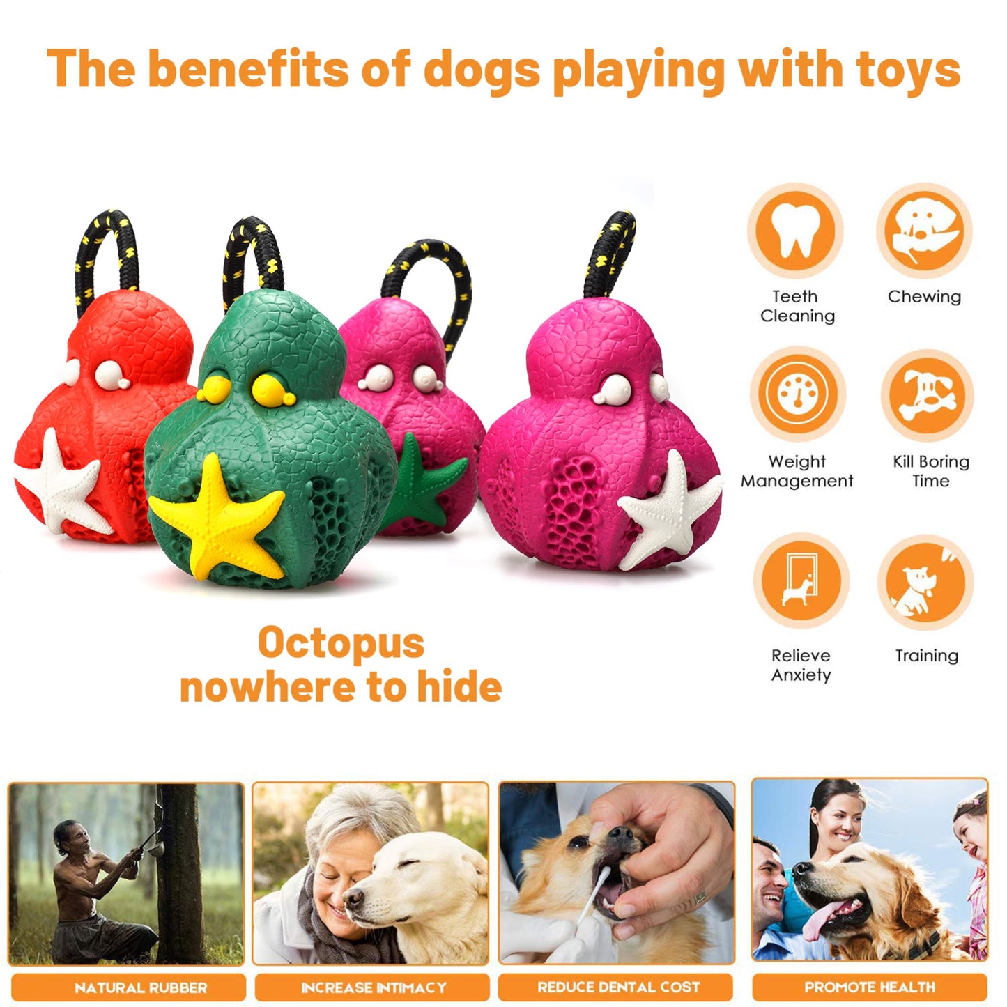 ROYAL PETS USA Indestructible, Durable & Tough Octopus Dog Chew Toy for Aggressive Chewers. Slow Treat Dispensing Interactive Toys for S, M & L Breed -100% NATURAL RUBBER -10000 BITES TESTED - UNIQUE DESIGN FOR ORAL CARE